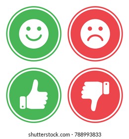 Set of green and red buttons. Evaluation icons. Positive and negative. Thumb up and down. Like and dislike. Vector illustration