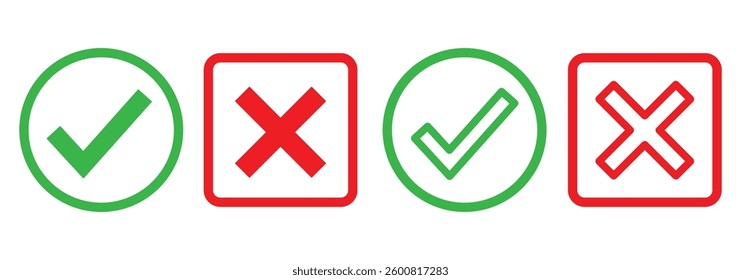 Set of green and red check box with yes and no sign. Modern label icons check mark and cross on isolated background. checkmark icon set. eps 888