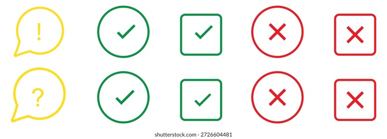 Conjunto de caixa de seleção verde e vermelha com sim e nenhum sinal. Marca de seleção de ícones de etiqueta modernos e cruz no fundo transparente.
