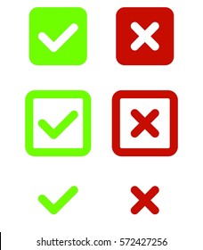 Set of green and red check mark icons tick and X in squares with rounded corners flat design vector illustration on white background