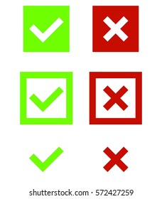 Set of green and red check mark icons tick and X in squares flat design vector illustration on white background
