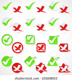 Set of green and red check marks stickers. Vector illustration