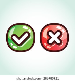 Set of green and red check marks glossy buttons. Creative graphic design elements for web design, game design,mobile app design,etc. Original vector illustration isolated on trendy gradient background