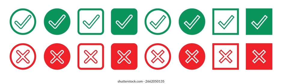 Set of green and red checkboxes with yes and no labels. Modern checkmark and cross icons on a white background.