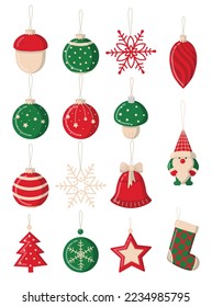 Set of green and red Christmas tree toys.
