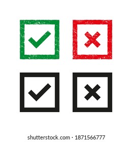 Set von grünen und roten Kreuz und Haken Checkmark OK und X Symbole JA und NO Taste für die Abstimmung. Grunge Stempel Vorlage.