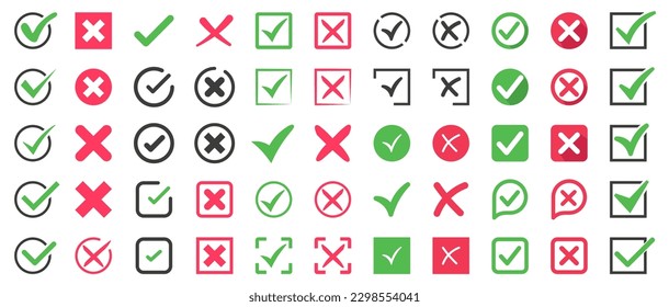 Set of green and red cross symbol. Approved and rejected icons