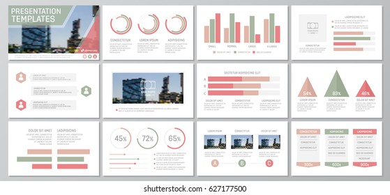 Set of green and red elements for multipurpose presentation template slides with graphs and charts. Leaflet, corporate report, marketing, advertising,  book cover design.