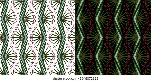 Conjunto de padrão geométrico contínuo vermelho verde. Ornamento em ziguezague vertical decorativo vetorial de formas poligonais. Offbeat criativo abstrato linear repetindo design. Planta tropical estilizada