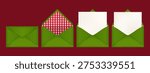 Set of Green with Red Gingham Envelope with Blank Paper Card Graphic illustration