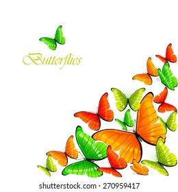 Set of green, red and orange butterflies on white background, illustration.