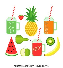 Set of  green, red, orange smoothies and fruits on white background. Healthy lifestyle concept.  Fresh detox smoothies with strawberry, banana, pineapple, apple,pear, watermelon and kiwi. 