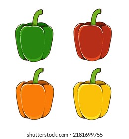 Set of green, red, orange and yellow bell peppers.Hand drawn bell peppers or paprika or sweet peppers vector with varieties colors