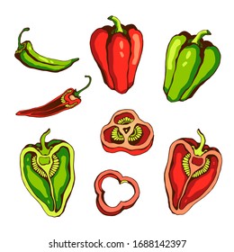 Set of green and red peppers
