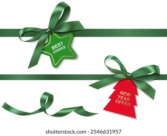 Conjunto de etiqueta de Precio verde y rojo en forma de estrella y abeto. La mejor opción y el año nuevo ofrecen texto en la etiqueta con el arco verde aislado en blanco. Nuevo año o Navidades diseño de venta de invierno. Ilustración vectorial.