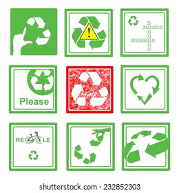 Set of green and red recycle sign symbol on green square, vector, creative design.