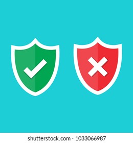 Set of green and red shield with checkmark and cross mark. Sign of protection, safety and unsafe, security and insecurity and reliability. Modern flat design elements. Vector illustration icons.