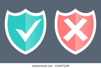 Set green and red shield with checkmark and cross mark. Sign of protection, safety and unsafe, security and insecurity and reliability. Modern flat design elements.  Security, Protection, Safe Concept