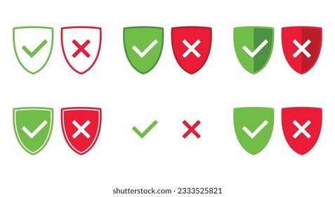 conjunto de escudos verde y rojo con marca de verificación OK y símbolo de icono X cruzado, ilustración vectorial aislada en un fondo blanco