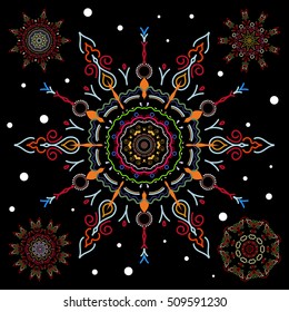 Set of green and red snowflakes and dots on a black background. Vector abstract design in green and red colors.