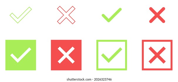 Set aus grünem und rotem Zecken und Kreuz. Einfache Markierungszeichen-Symbol. JA oder NEIN akzeptiert und lehnt Symbol ab. Wähltasten, Wahlwahl. Leer, quadratischer Rahmen. Markieren Sie die Symbole OK und X. Vektorgrafik