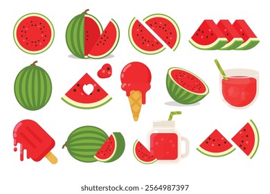 Set of Green Red Watermelon, Farm fresh lonproduct emblem for grocery shop, collection of ice cream, Juice jar, glass of juice, ice cream cone and stick, simple flat vector illustration of fruits.