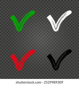 Um conjunto de ícones de marca de seleção verde, vermelho, branco e preto. Ilustração vetorial de símbolo de marca. Marque OK para aprovação. Em um plano de fundo transparente
