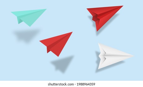 set of green, red and white paper airplanes  with shadow on blue background. can use for Creative concept idea of  business success and leadership in paper craft art style design .Vector illustration
