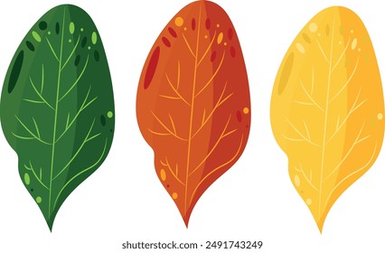 set of green red and yellow apple tree leaves in abstract style, vector illustration