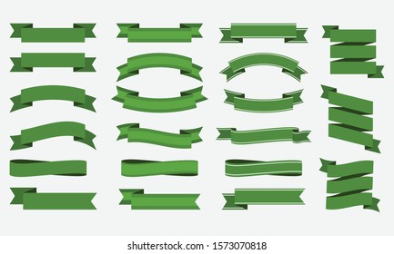 Set of green ribbon and banner vector design on white background.