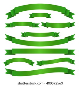 Set of green ribbon banners. Collection of eco scroll elements. Vector illustration.