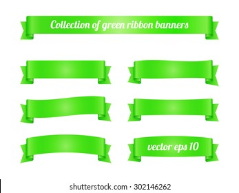 Set of green ribbon banners for promotion. Collection of retro scrolls elements for design. Vector illustration.