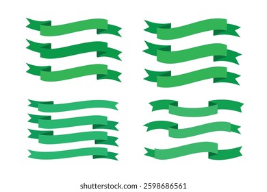 A set of green ribbon banners in vector-style illustration. Each ribbon has a slightly different shape and curve. set of colorful banners