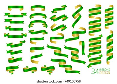 Set of green ribbon with gold backside. Gradient style. Vector illustration isolated on white background.