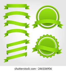 Set of green ribbons and badges