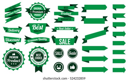 set of green ribbons , badges and labels. flat design concept. branding and sale decoration. vector illustration. isolated on white background.