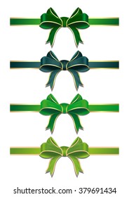 Set of green ribbons with bows. Vector illustration of green ribbons in different shades isolated on white background. Vector green ribbons with bows to Easter or St. Patrick's day.