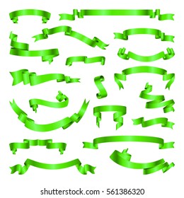 Set of green ribbons. Collection of banner. Vector illustration