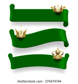 Set of green ribbons with gold crowns isolated on white background. Vector illustration