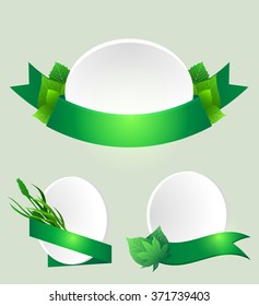Set of green ribbons with leaves. Vector element for banners, buttons, brochures, menu and for your design