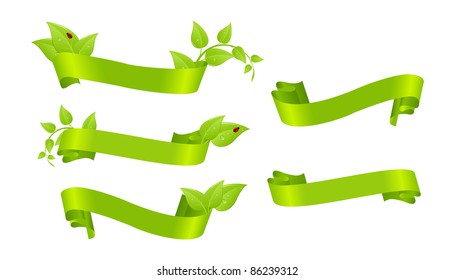 Set of green ribbons with leaves. Vector illustration.