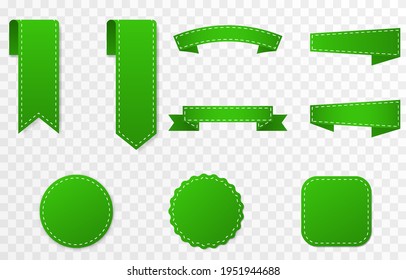 Set Of Green Ribbons, Price Tags, Discounts. Discount Offer, Sale With Green Ribbon Png. Green Shades On Isolated Transparent Background.