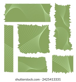 Set of green ribbons. Washi tapes collection with abstract pattern. Pieces of decorative tape for scrapbooks. Set of vintage labels. Vector elements for design