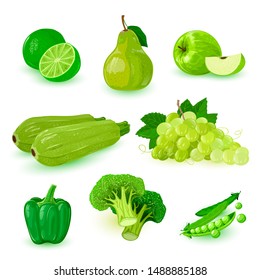 Set with green ripe fruits: apple, bunch of grapes, pear, lime, bell pepper, broccoli, peas, summer cousa squash. Sweet and sour ingredient for juice, salads, vegan kitchen. Summer healthy snacks