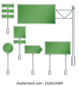 Set of green road signs. Road board. Direction sign on the highway. Vector image.