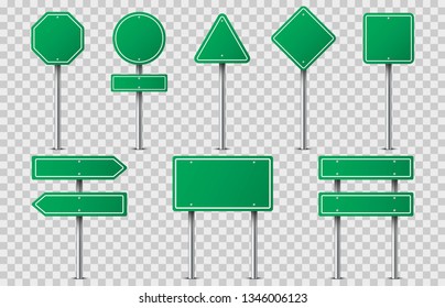 Set of green road signs on transparent background. Blank traffic road empty sign. Mock up template for your design. Vector illustration