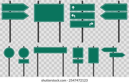 Set of green road signs on black poles. Blank signs for customized text or symbols. Vector illustration, EPS10