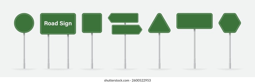 A set of green road signs with various shapes and texts, including directional, speed limit, and parking signs. Ideal for navigation, transportation, and traffic. Vector illustration 
