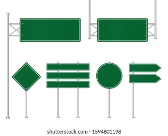 Set of green road traffic signs. Direction plate for street. Blank signboard, signage forhighway, information panel. Template road sign, signpost of location. Mockup signboard. Design vector eps10