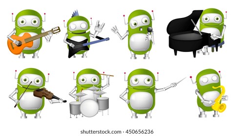 Set of green robots conducting with baton, singing into a microphone, playing guitar, saxophone, piano, violin, drum. Robots with musical instruments. Vector illustration isolated on white background.